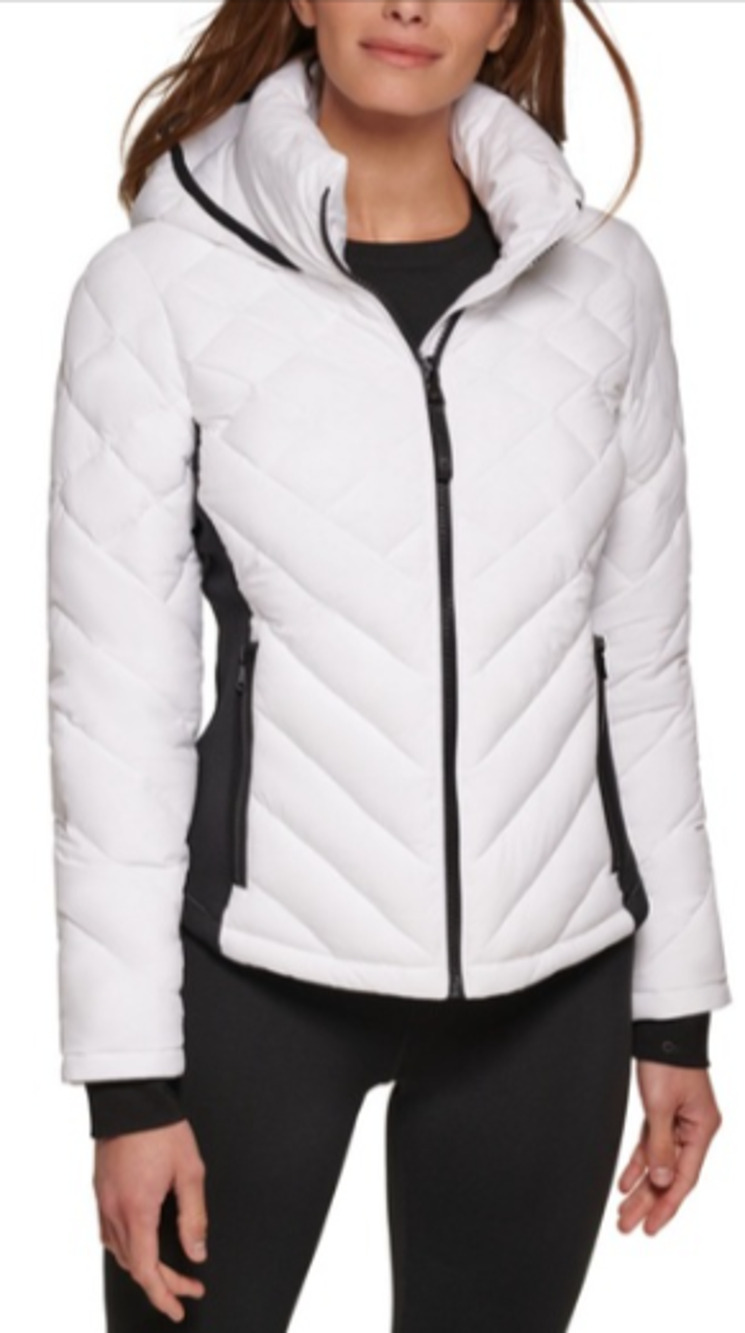 Calvin Klein white quilted hooded puffer jacket with black side panels small 4-8